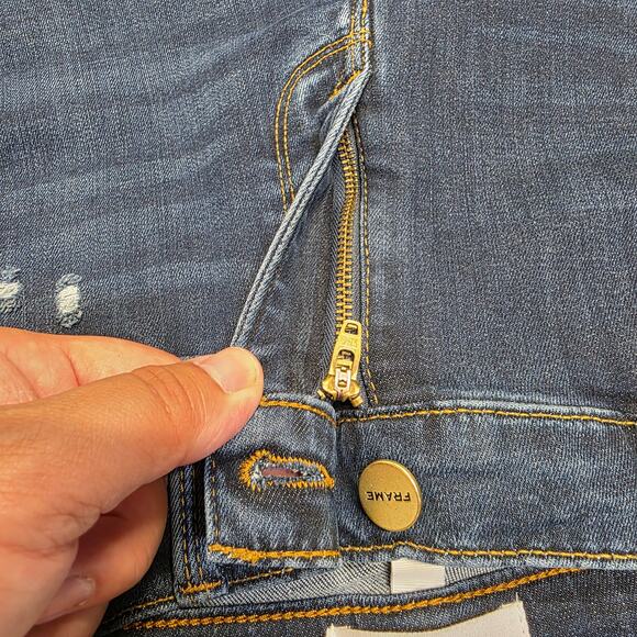 Designer Relaxed Luxury Frame Le Garçon sz 27 dark wash distressed blue jeans - Picture 11 of 15